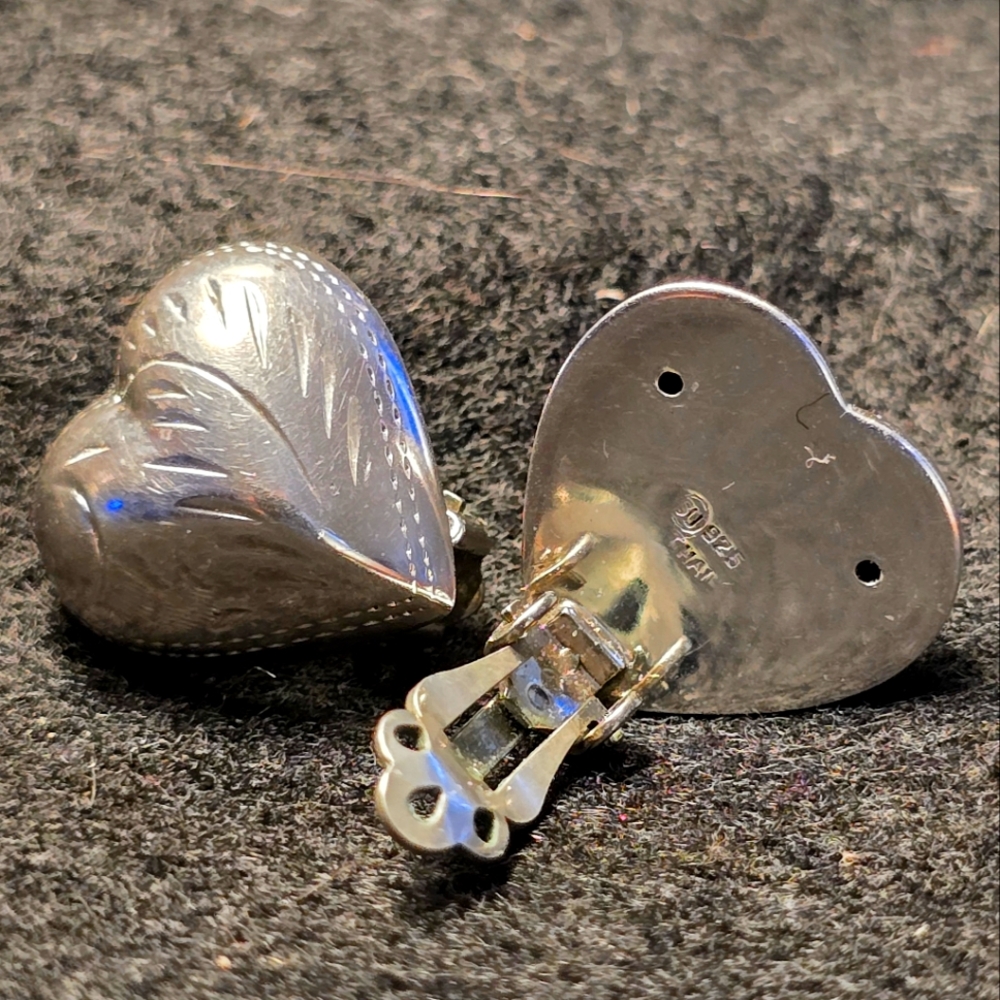 Sterling Silver Etched Puffy Heart Clip-On Earrings